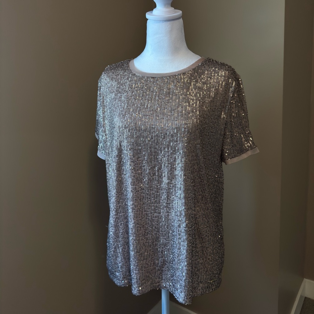 Anne Klein Taupe/ Golden Sequin Short Sleeve Crewneck Top